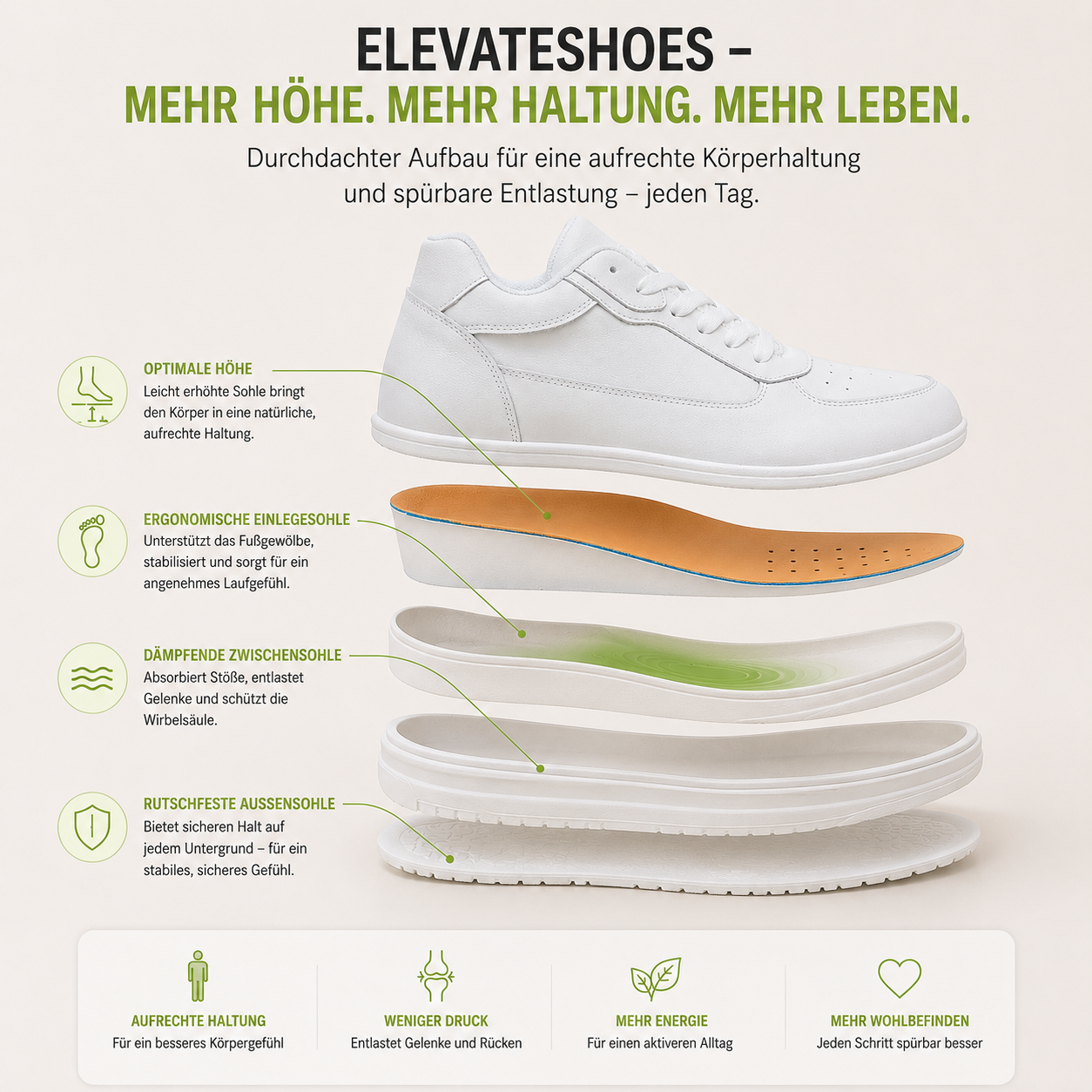 Elevateshooes White Classy Vital Höhensneaker – +10 cm, 37, Weiß