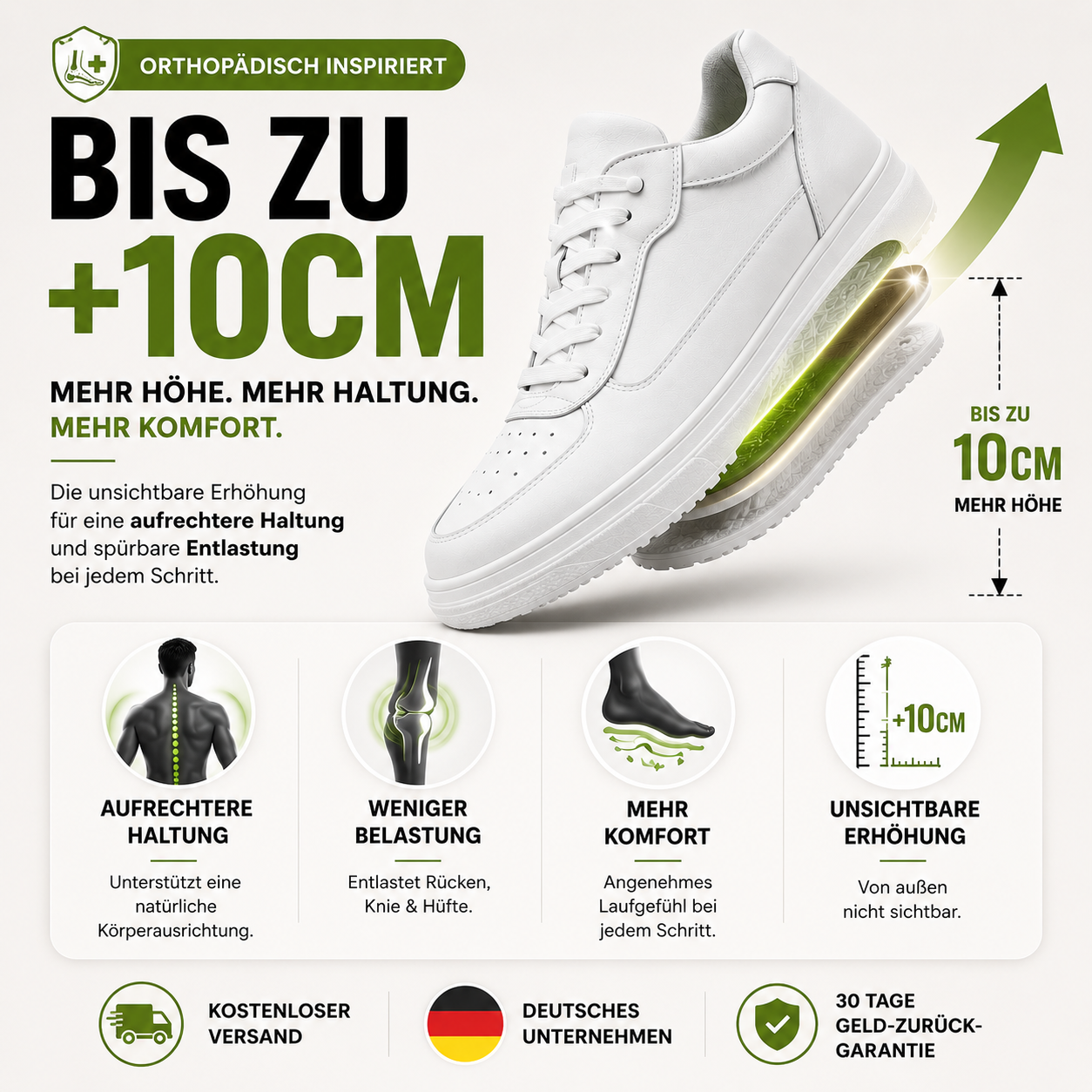Elevateshooes White Classy Vital Höhensneaker – +10 cm, 39, Weiß